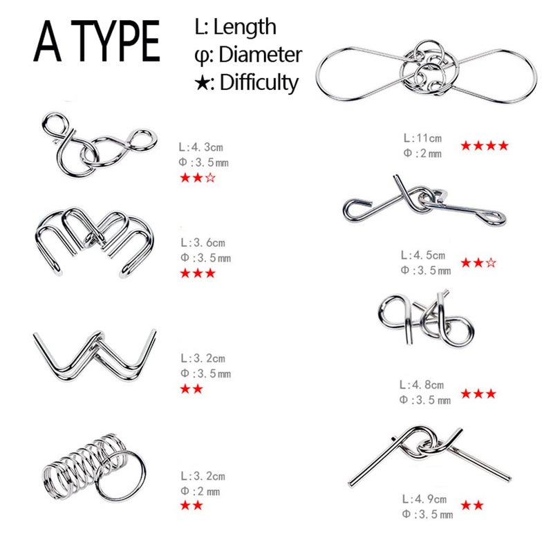 TANCH 16 PCS Type A+B Different Brain Teaser Metal Wire Puzzles IQ Challenge Magic Trick Unlinking & Linking Game Toys for Kids and Adults - Image 4