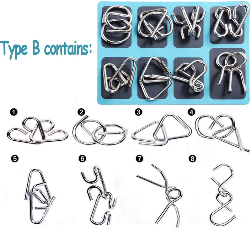 TANCH 16 PCS Type A+B Different Brain Teaser Metal Wire Puzzles IQ Challenge Magic Trick Unlinking & Linking Game Toys for Kids and Adults - Image 3