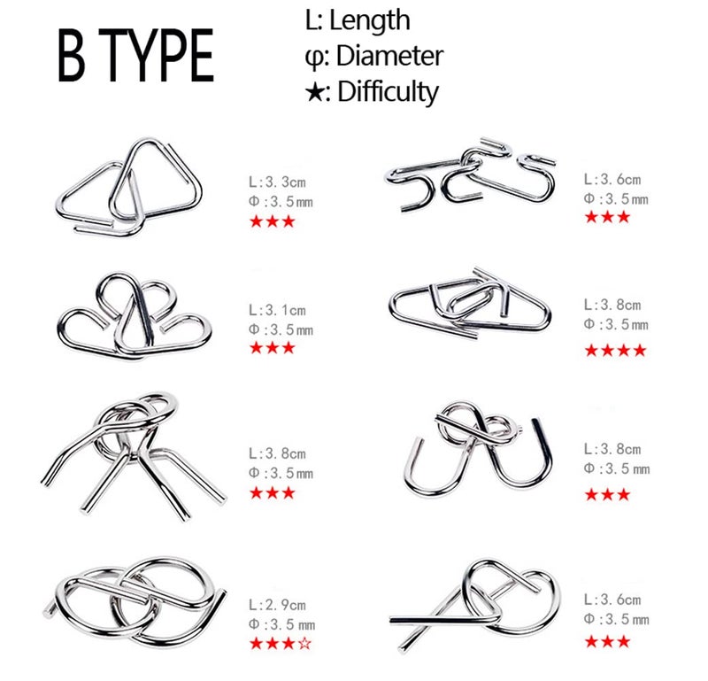 TANCH 16 PCS Type A+B Different Brain Teaser Metal Wire Puzzles IQ Challenge Magic Trick Unlinking & Linking Game Toys for Kids and Adults - Image 5