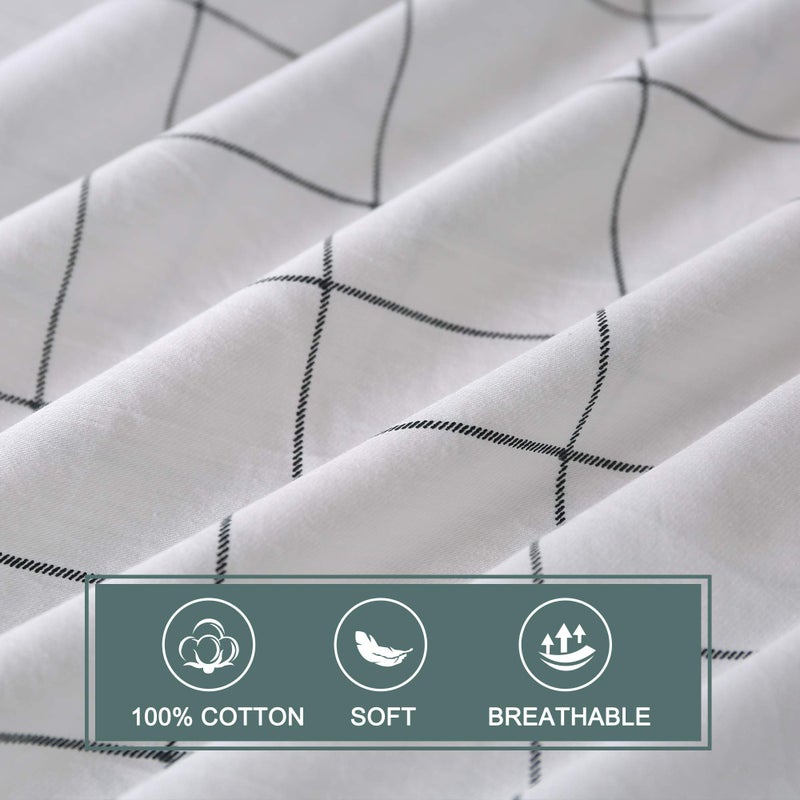 JELLYMONI 100% Natural Cotton 3pcs Plaid Duvet Cover Sets,White with Black Grid Geometric Pattern Printed Comforter Cover,with Zipper Closure & Corner Ties(King Size) - Image 4