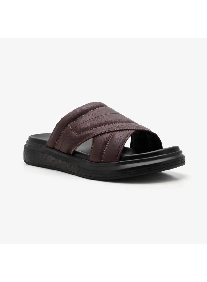 NDURE Men's Brown Quilted Crossover Strap Slide Sandals with Chunky Black Sole, Casual Slip-On - Image 3