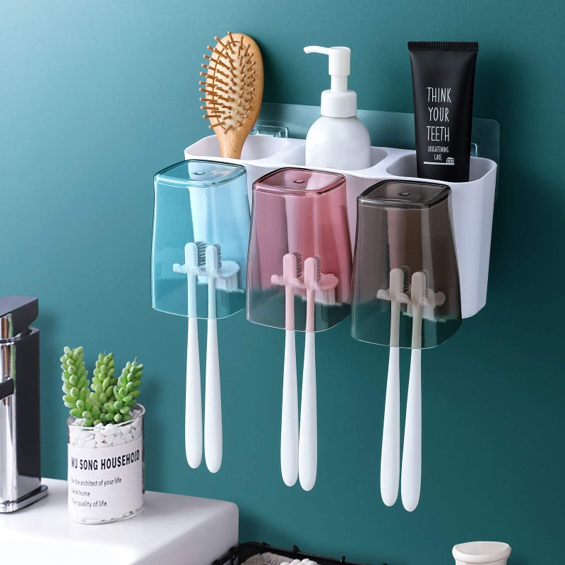 Goowin Toothbrush Holder for Bathroom EcoFriendly Mighty Large Capacity Toothbrush Holder Wall Mounted with 3 Square Cups for Family or Dormitory