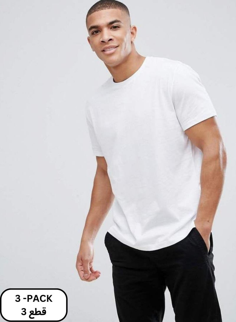 3 Pack Crew Neck Plain T-Shirt White Cotton 100% - Image 1