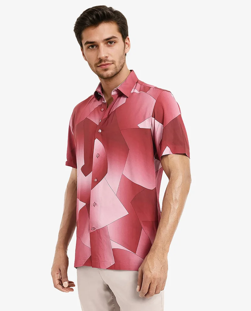 Rare Rabbit Rare Rabbit Men's Caplets Red Modal Fabric Abstract Print Half Sleeves Shirt