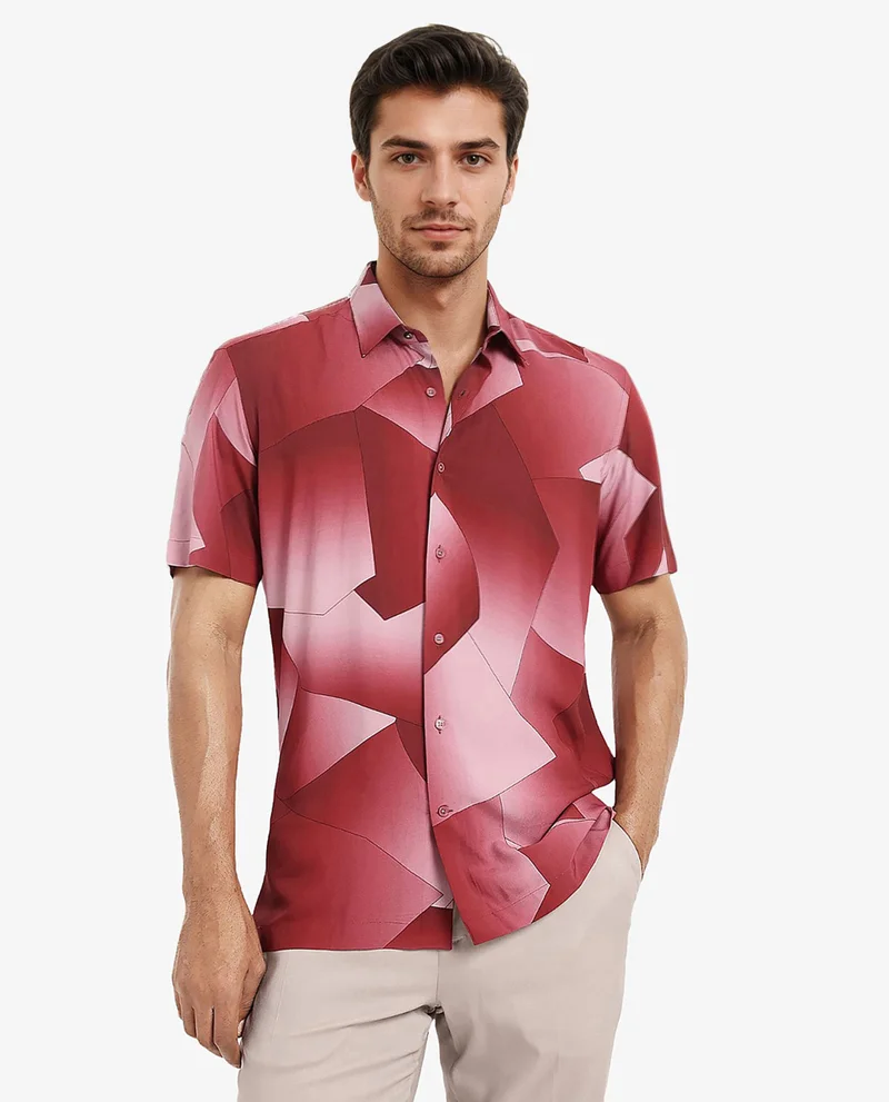 Rare Rabbit Rare Rabbit Men's Caplets Red Modal Fabric Abstract Print Half Sleeves Shirt