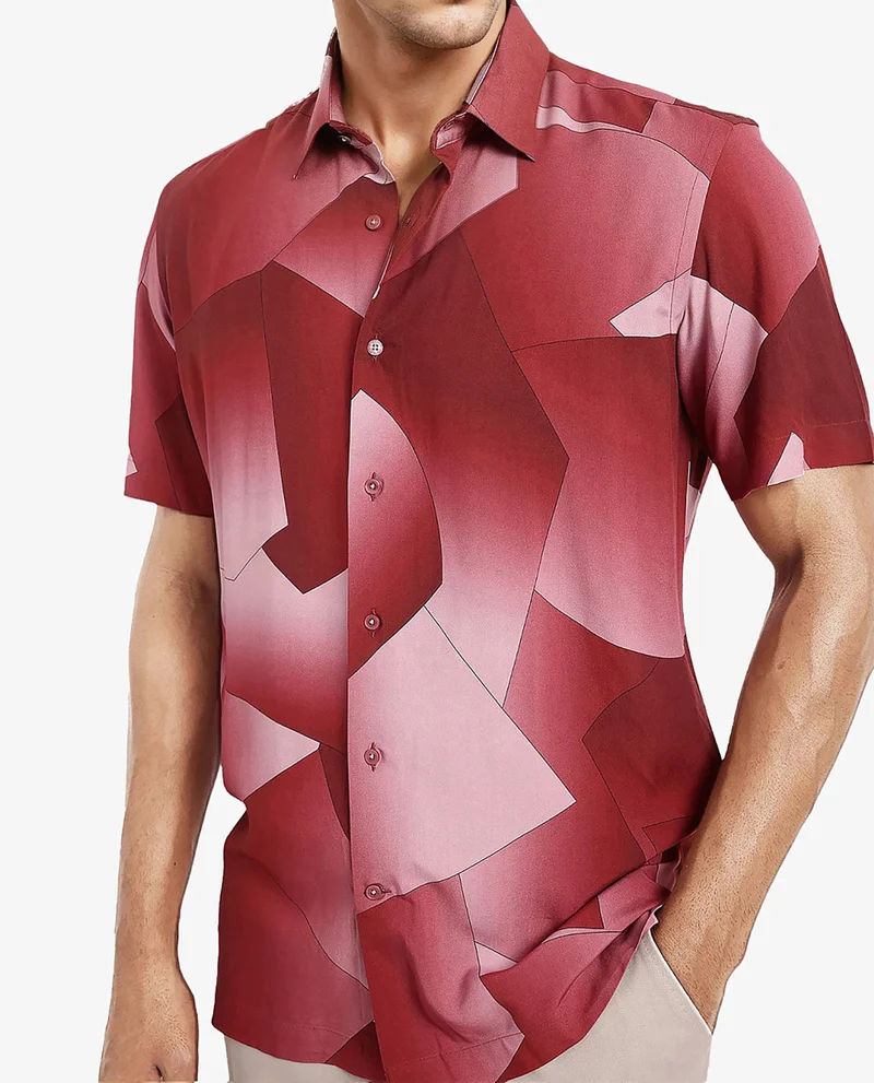Rare Rabbit Rare Rabbit Men's Caplets Red Modal Fabric Abstract Print Half Sleeves Shirt