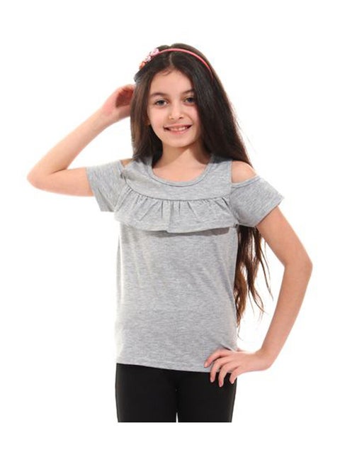 تيشرت بناتى كرانيش اوف شولدر ساده لون جراى