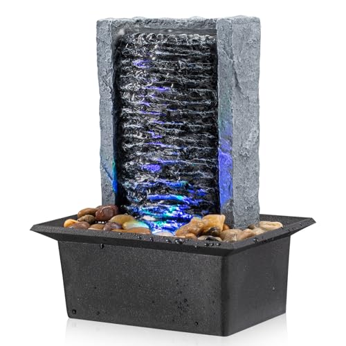 AMOOTEK Tabletop Fountain Indoor Waterfall Rock Fountain LED-Lights Water Feature Waterfall for Modern Home and Office Indoor Decoration - Image 1