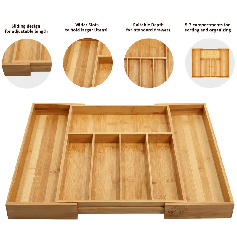 VaeFae Premium Bamboo Drawer Organizer, Expandable Silverware Drawer Organizer, Cutlery Tray with Dividers for Kitchen Utensils (Natural, Large) - Image 4