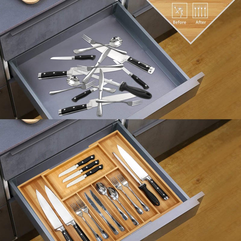 VaeFae Premium Bamboo Drawer Organizer, Expandable Silverware Drawer Organizer, Cutlery Tray with Dividers for Kitchen Utensils (Natural, Large) - Image 5