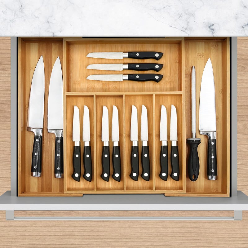 VaeFae Premium Bamboo Drawer Organizer, Expandable Silverware Drawer Organizer, Cutlery Tray with Dividers for Kitchen Utensils (Natural, Large) - Image 2