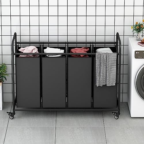 LINZINAR Laundry Sorter 4 Section Hamper Sorter with Heavy Duty Lockable Rolling Wheels Removable Bags Basket Separator for Dirty Clothes Storage,Black - Image 2