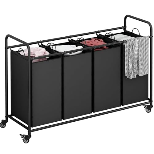 LINZINAR Laundry Sorter 4 Section Hamper Sorter with Heavy Duty Lockable Rolling Wheels Removable Bags Basket Separator for Dirty Clothes Storage,Black - Image 1