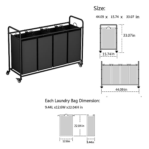 LINZINAR Laundry Sorter 4 Section Hamper Sorter with Heavy Duty Lockable Rolling Wheels Removable Bags Basket Separator for Dirty Clothes Storage,Black - Image 5