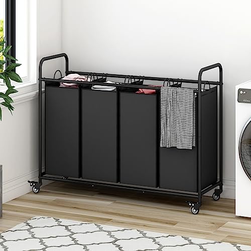 LINZINAR Laundry Sorter 4 Section Hamper Sorter with Heavy Duty Lockable Rolling Wheels Removable Bags Basket Separator for Dirty Clothes Storage,Black - Image 4