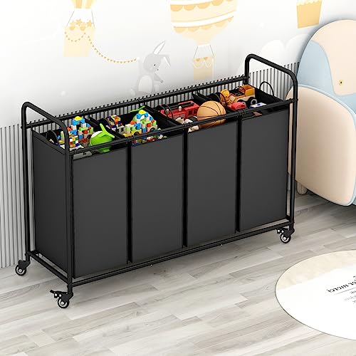 LINZINAR Laundry Sorter 4 Section Hamper Sorter with Heavy Duty Lockable Rolling Wheels Removable Bags Basket Separator for Dirty Clothes Storage,Black - Image 3