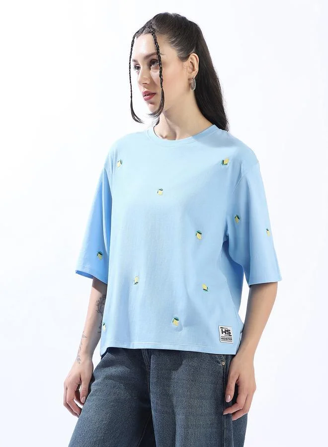 Women's Blue 100% Cotton Embroidered Oversized T-Shirt