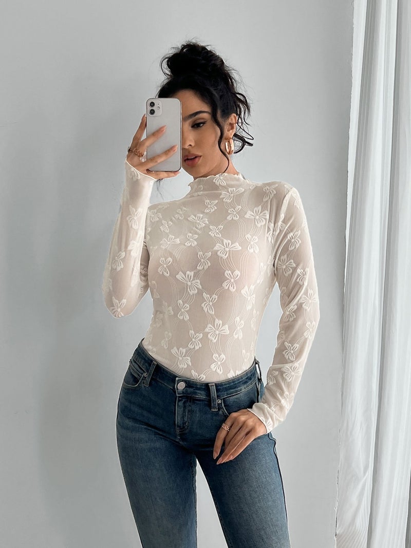 Autumn and Winter New Women's Butterfly Jacquard Mesh Slim Fit Small Stand Collar Long-Sleeve T-Shirt Top