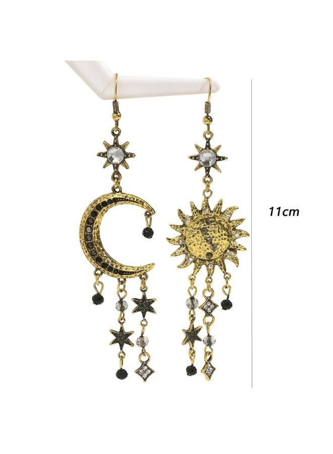 النساء خمر الشمس القمر نجمة Tassel معلق أقراط، الذهب القديم غير متناظرة قطرة أقراط مع الراينست، البوهيمية طويلة معلق المجوهرات للمرأة الحزب ارتداء اليومي - Image 4