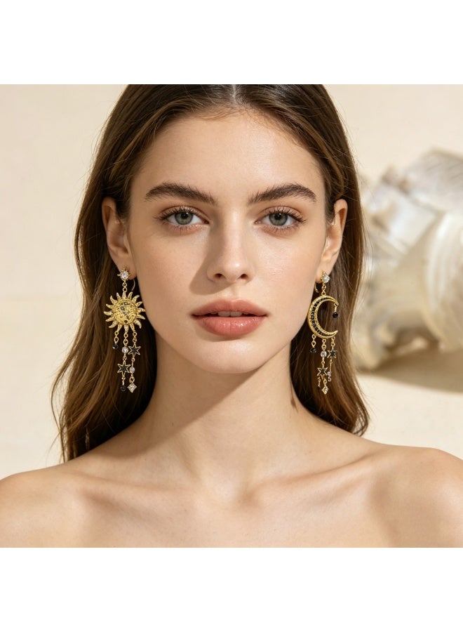 النساء خمر الشمس القمر نجمة Tassel معلق أقراط، الذهب القديم غير متناظرة قطرة أقراط مع الراينست، البوهيمية طويلة معلق المجوهرات للمرأة الحزب ارتداء اليومي - Image 5