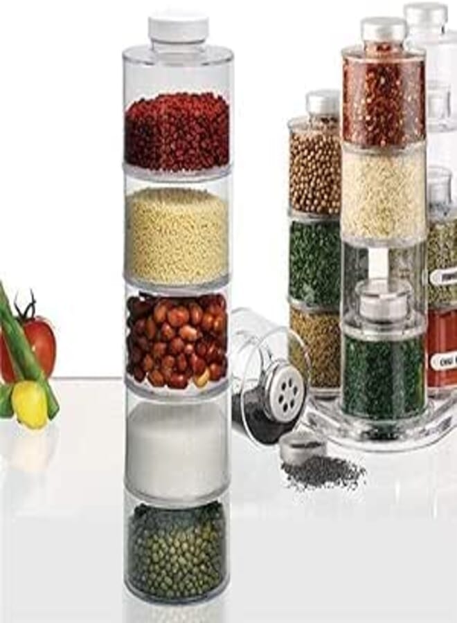MEZON Acrylic Spice Tower 6 Bottle Stackable Spice Rack Space Saving Kitchen Spice Jars, Herbs, Condiments, Spices Seasoning Box Jars with Lids (Transparent)