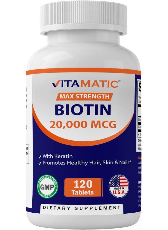 Vitamatic High Potency Biotin 20000 mcg (20mg) with Keratin 100mg - 120 Vegetarian Tablets - Biotin Supplements for Healthy Hair Skin & Nails for Adults (120 Count (Pack of 1)) - Image 1