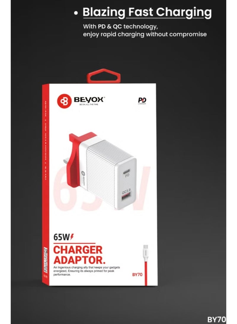 BEYOX 65W Fast PD Charger Adapter with 1m Type-C to Type-C Cable – High-Speed Wall Charger for Laptops, Tablets & Smartphones BY70 - Image 1
