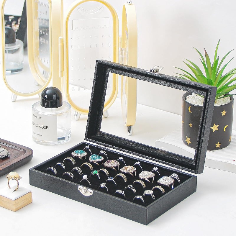 Adugay Ring Display Case,Jewelry Ring Organizer Box For Rings,Ring And Earring Holder Box For Girl,Velvet Ring Display Tray (Black, 30 slots) - Image 2