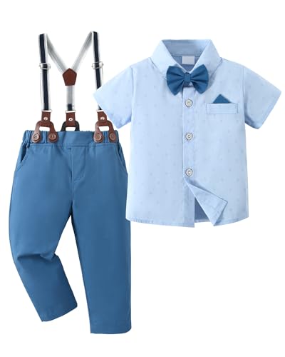 nilikastta Gentleman Wedding Outfits Dress Shirt with Bowtie/Suspender Pants for Festival Celebration 9-10years Light Blue - Image 1