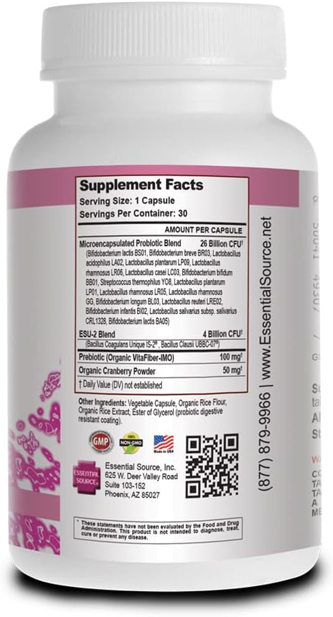 Essential Source بروبيوتيك ثلاثي الفعالية للنساء مع 18 سلالة ألياف فيتا العضوية قبل البكتيريا توت بري لدعم الهضم والدفاع المناعي وصحة المسالك البولية والمهبلية 30 كبسولة - Image 3