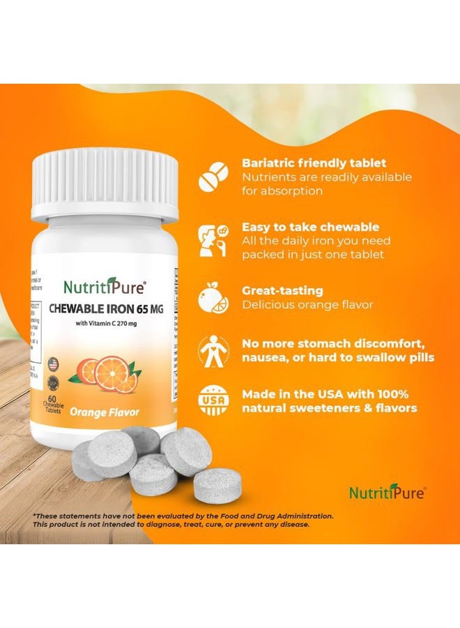 NutritiPure Chewable Iron 65 mg with Vitamin C 270 mg - Tablet in Orange Flavor 60 Count x 2 Bottles (Twin Pack) - Image 4