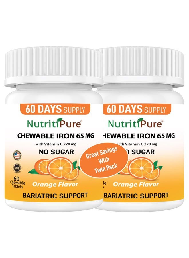 NutritiPure Chewable Iron 65 mg with Vitamin C 270 mg - Tablet in Orange Flavor 60 Count x 2 Bottles (Twin Pack) - Image 1