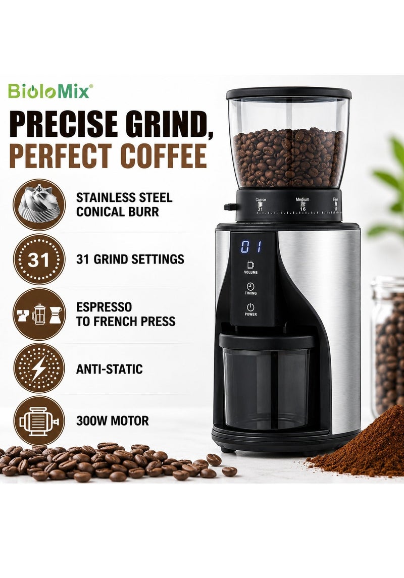 Biolomix Conical Burr Coffee Grinder – 300W Electric Coffee Mill, 31 Grind Settings, 1-10 Cups Adjustable, Anti-Static Bean & Powder Cup, LED Touch Screen, Fast & Uniform Grinding for Espresso, French Press, Pour Over - Image 1