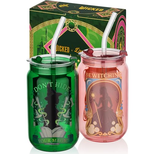 Dragon Glassware Wicked 16 oz Drinking Glasses Set of 2 - Glass Cups with Lids and Straws - Iced Coffee Cups with Lids - Reusable Glass Tumbler with Straw and Lid - Enchanted - Image 1