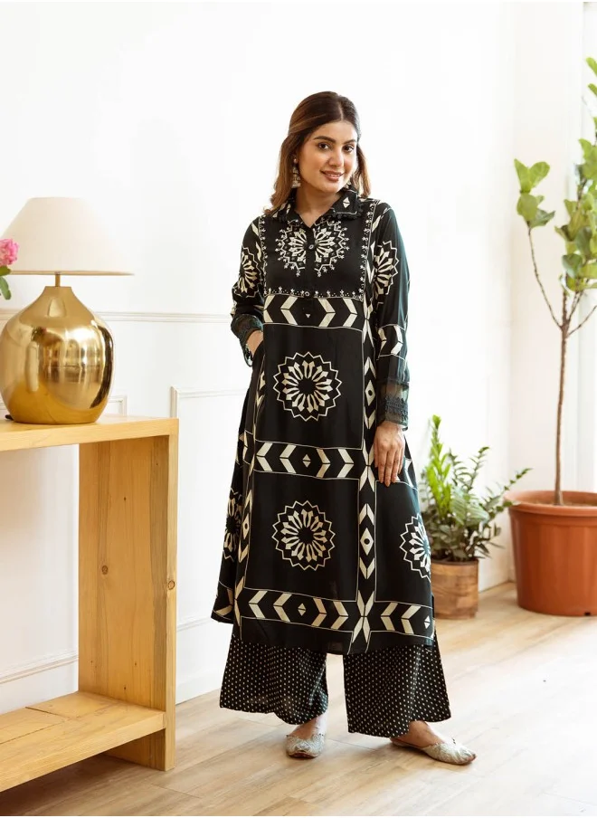 آي شين Floral Printed Beads And Stones A-Line Kurta With Palazzos