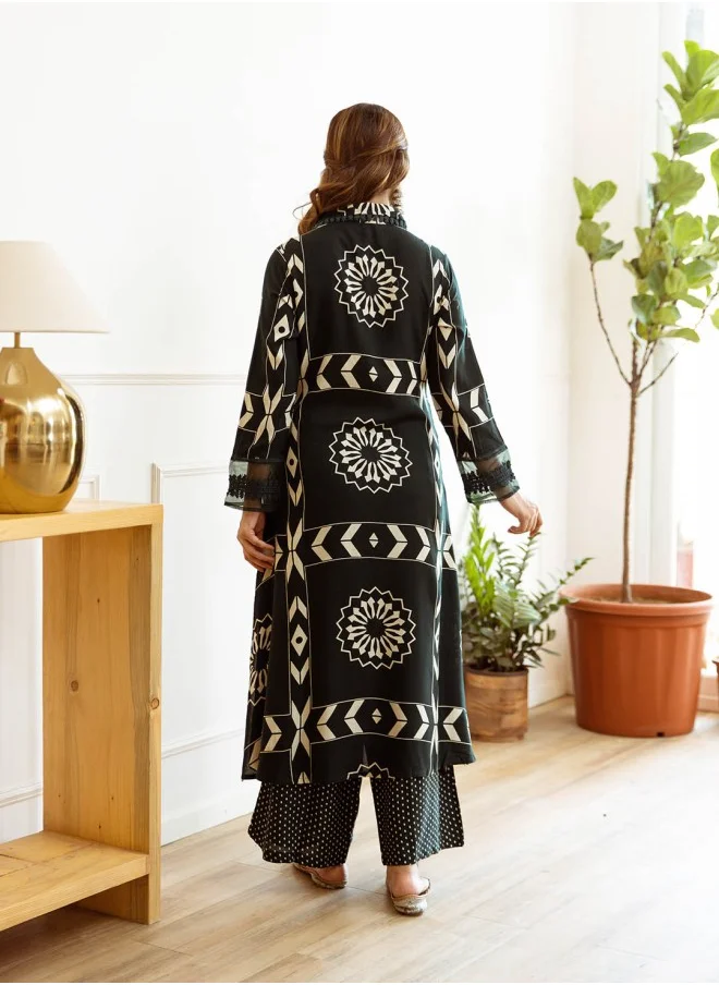 آي شين A-Line Fit Printed Pattern Round Neck Long Sleeves Green Colour Knitted Cotton Kurta Set for Women with Semi Elastic Closure - A Must-Have for Every Wardrobe