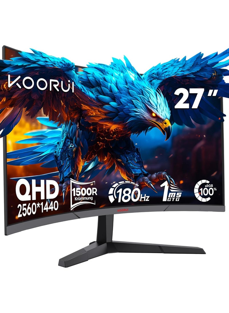 27 Inch Curved Gaming Monitor,180Hz, VA Display, QHD 1440P Computer Monitor, 1ms, HDR10,90% DCI-P3, Adaptive Sync, VESA Compatible