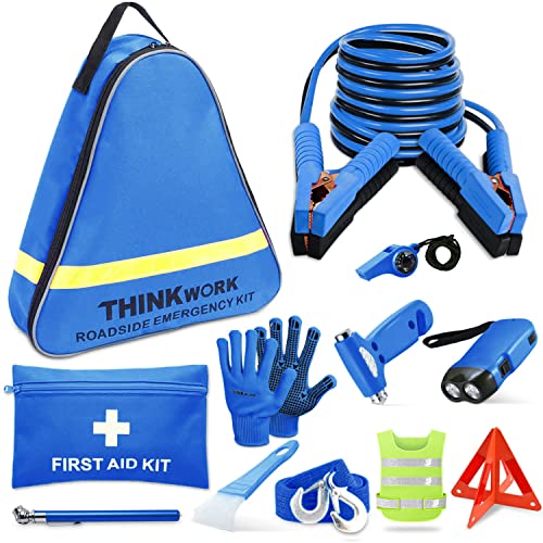THINKWORK Car Emergency Kit for Teen Boy and Men's Gifts, Blue Emergency Roadside Assistance kit with 10FT Jumper, First Aid Kit, Safety Hammer, Tow Rope, and More Ideal Blue Car Accessories Tool - Image 1