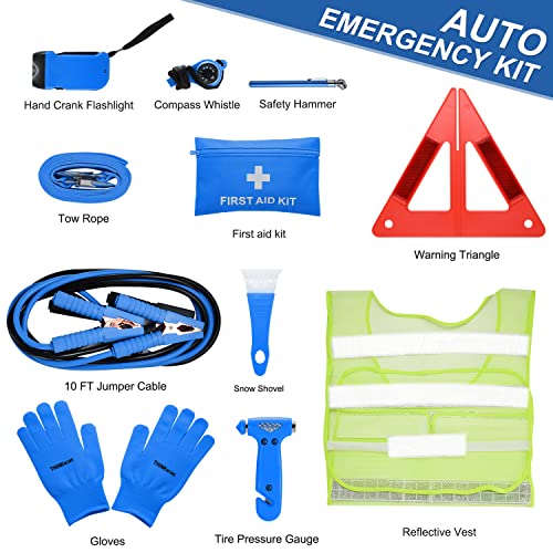 THINKWORK Car Emergency Kit for Teen Boy and Men's Gifts, Blue Emergency Roadside Assistance kit with 10FT Jumper, First Aid Kit, Safety Hammer, Tow Rope, and More Ideal Blue Car Accessories Tool - Image 2