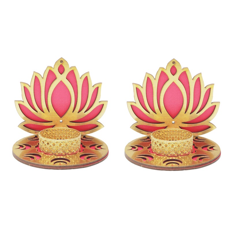 Aditri Creation Set of 2 Decorative MDF Wooden Pink Golden Lotus T Light Holder Candle Stand Tealight Holder for Indian - Image 1