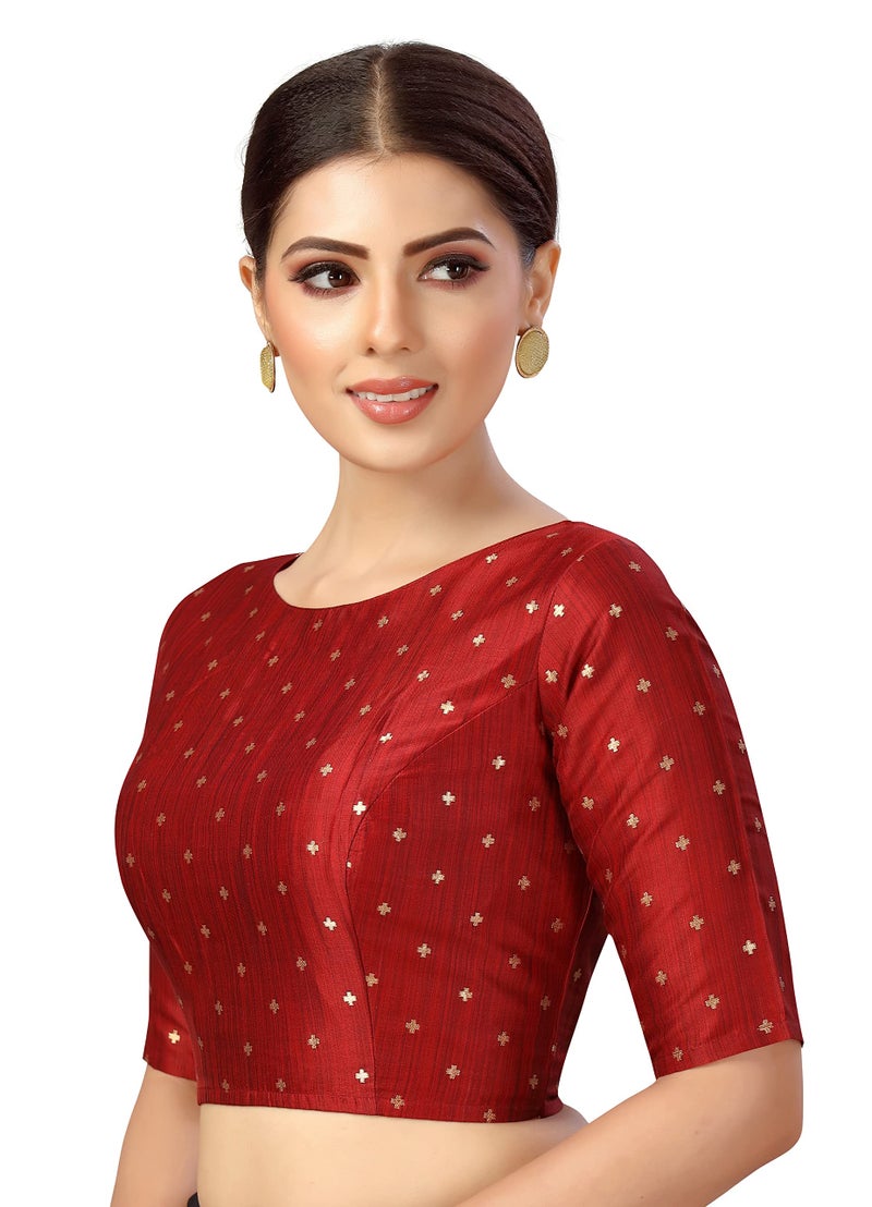 Studio Shringaar Women Silky Brocade Readymade Elbow Length Sleeves Saree Blouse(Maroon, 38) - Image 2