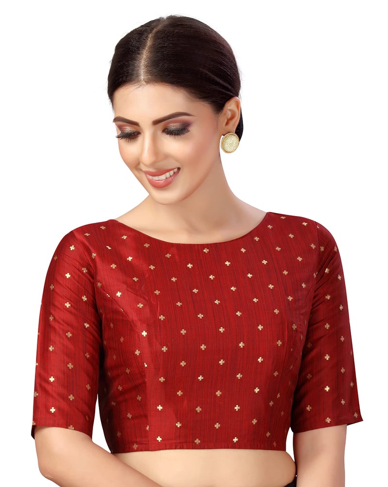 Studio Shringaar Women Silky Brocade Readymade Elbow Length Sleeves Saree Blouse(Maroon, 38) - Image 1