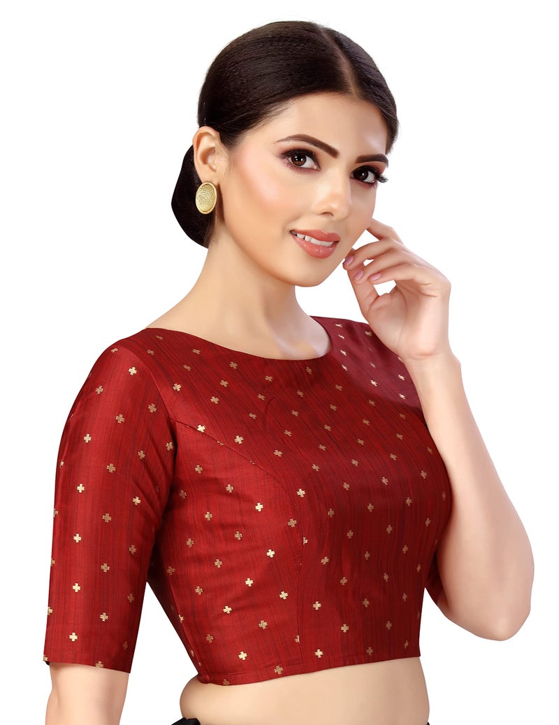 Studio Shringaar Women Silky Brocade Readymade Elbow Length Sleeves Saree Blouse(Maroon, 38) - Image 3