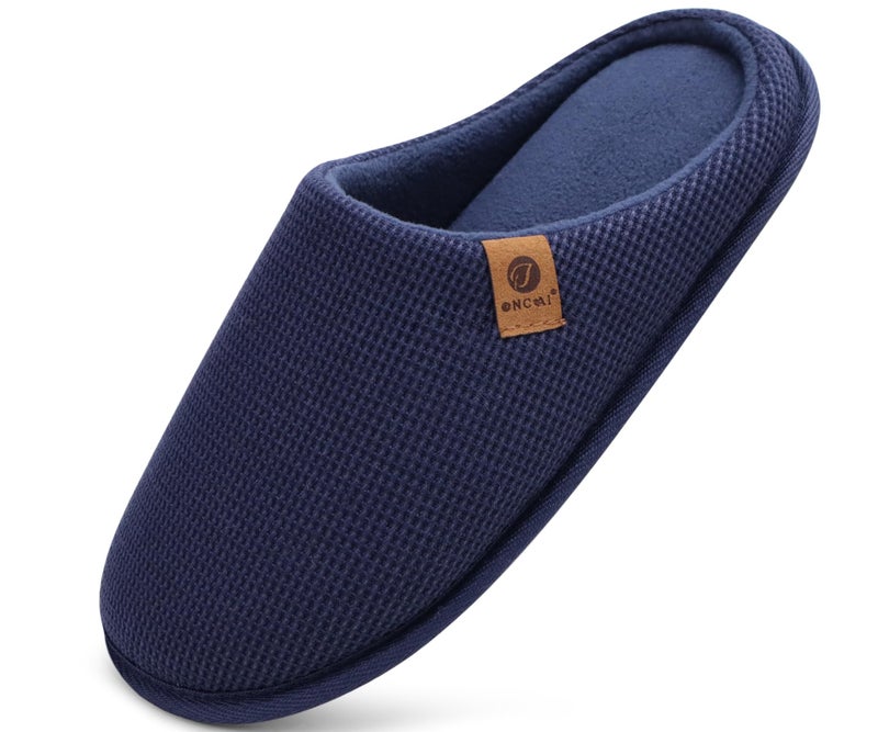 ONCAI Mens Slippers with Cushion Memory Foam Cotton-Blend High-Density Warm House Slippers for man 2026 Slip-on Indoor Outdoor Comfortable Best House Shoes Rubber Sole Blue Size 10 US - Image 1