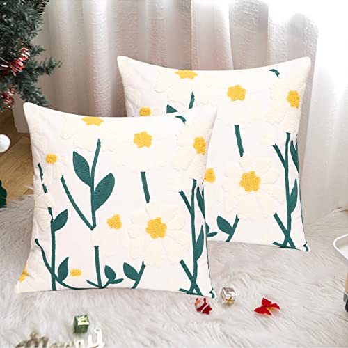 Pilmandu Set of 2 Embroidered Decorative Throw Pillow Covers Couch Square Pillowcases Cushion for Bedroom Sofa Farmhouse Decor 18x18 Inch (Spring Flower) - Image 3