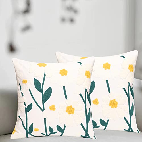 Pilmandu Set of 2 Embroidered Decorative Throw Pillow Covers Couch Square Pillowcases Cushion for Bedroom Sofa Farmhouse Decor 18x18 Inch (Spring Flower) - Image 4