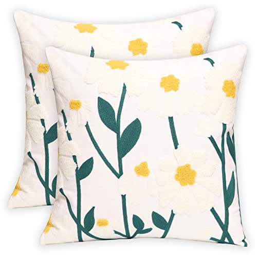 Pilmandu Set of 2 Embroidered Decorative Throw Pillow Covers Couch Square Pillowcases Cushion for Bedroom Sofa Farmhouse Decor 18x18 Inch (Spring Flower) - Image 1