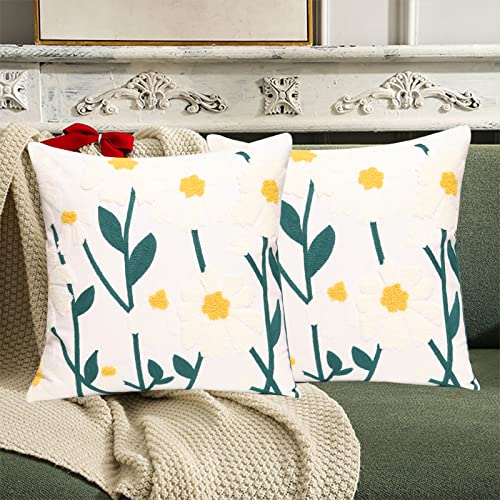 Pilmandu Set of 2 Embroidered Decorative Throw Pillow Covers Couch Square Pillowcases Cushion for Bedroom Sofa Farmhouse Decor 18x18 Inch (Spring Flower) - Image 2