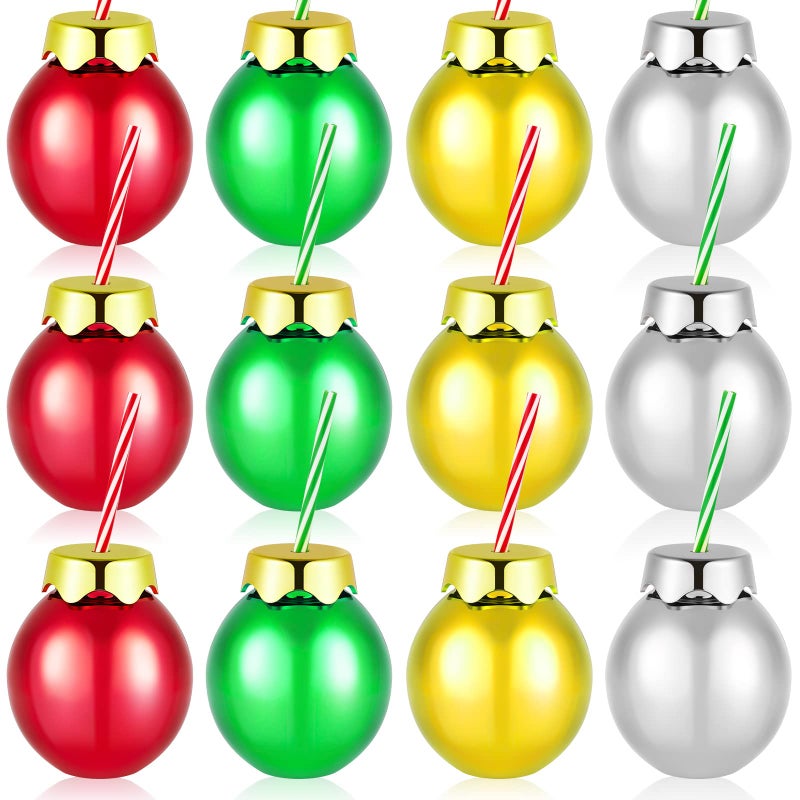 Suclain 12oz Christmas Light Bulb Cups with Lids and Straws Reusable Light Bulb Cups Xmas Ball Shaped Plastic Drinking Cups for Kids Holiday Party SuppliesGold Green Red Silver12 Pcs
