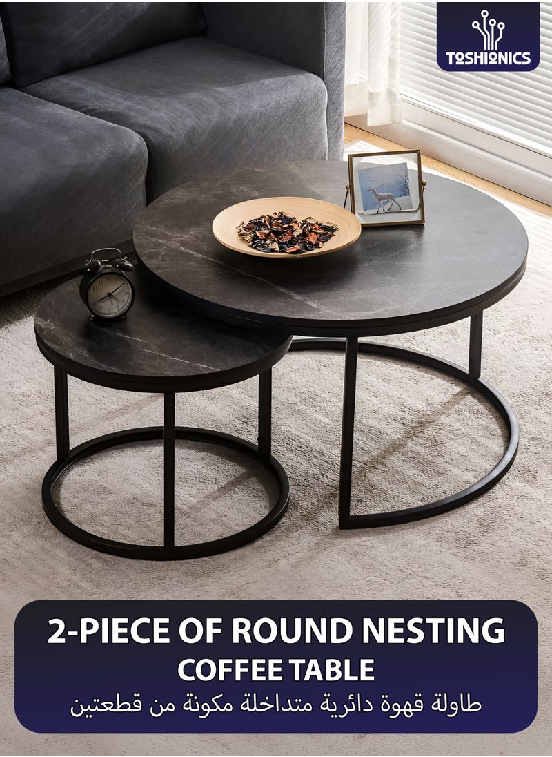 Toshionics - 2 Piece of Modern Luxurious Round Nesting Coffee Table Set Black Faux Marble MDF Top with Sturdy Black Metal Frame Nordic Minimalist Space-Saving Stackable Design Elegant Center Table for Living Room Small Apartments Balcony Office Hotel Spa and Salon Reception Lounge Easy to Assemble - Image 1
